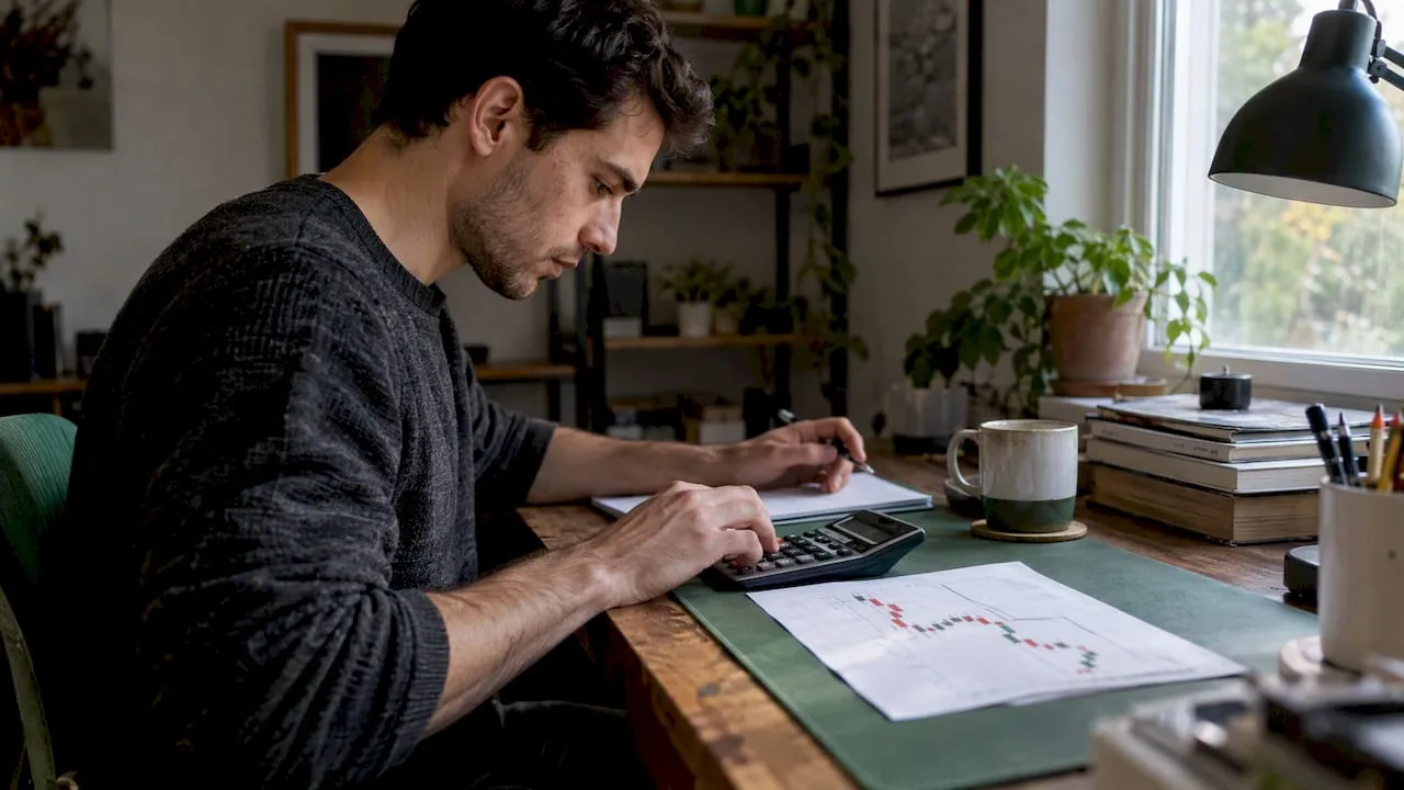 Trader kockázatot számol egy forex grafikon mellett